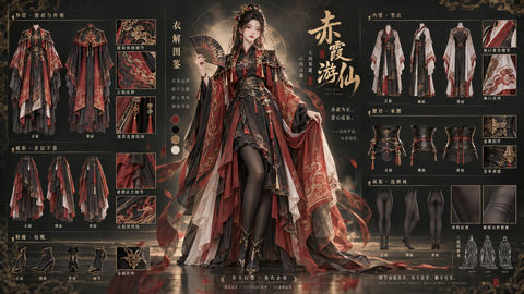 赤霞游仙：华丽仙侠角色设定与服装拆解海报 - AI图片提示词示例
