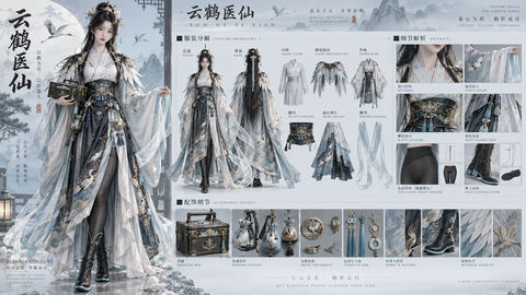 云鹤医仙：仙侠高定服饰全方位设定海报 - AI图片提示词示例