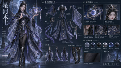 唯美星河术士仙侠女性全方位角色设定图 - AI图片提示词示例