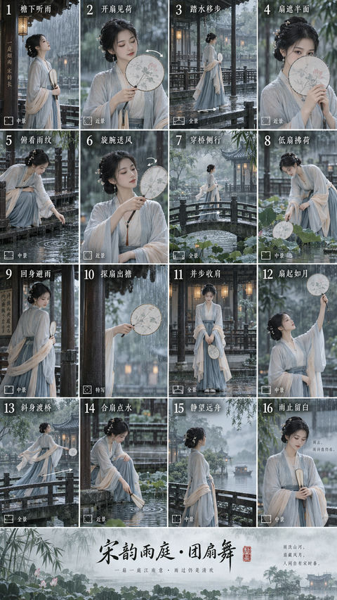 宋韵雨庭团扇舞：清雅园林中的雨中叙事分镜 - AI图片提示词示例