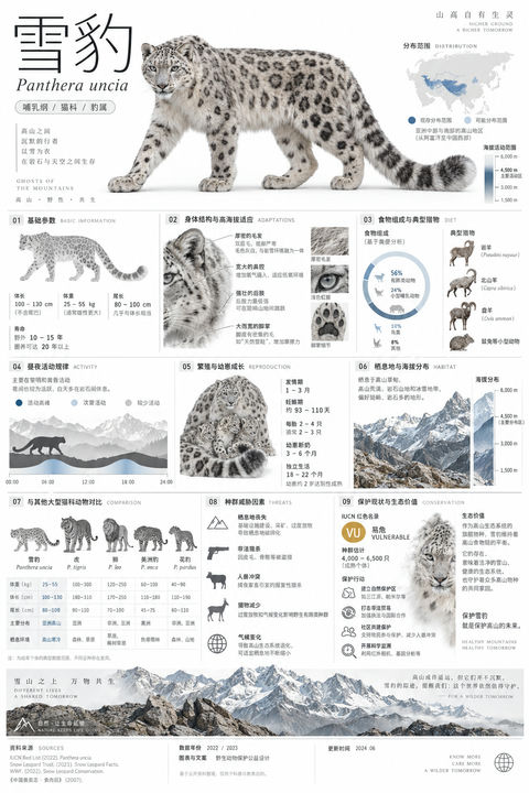 极简主义瑞士风雪豹百科信息图鉴卡 - AI图片提示词示例