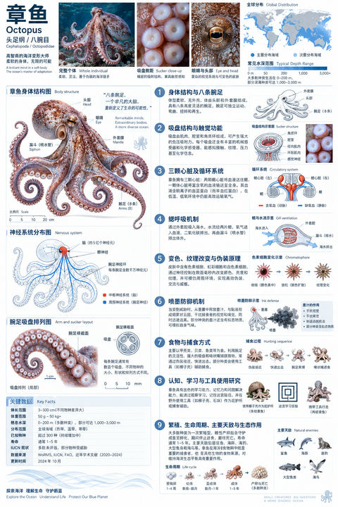 现代实验室风格章鱼科学百科数据图鉴 - AI图片提示词示例