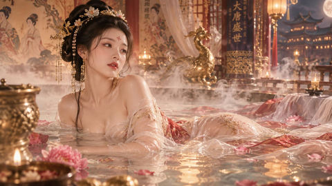 盛唐华美水中半出浴柔和体态水气缭绕 - AI图片提示词示例