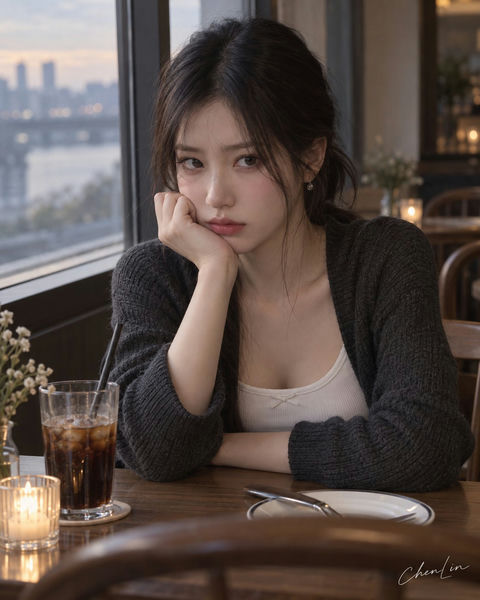 韩系成年女友克制情绪写真 - AI图片提示词示例