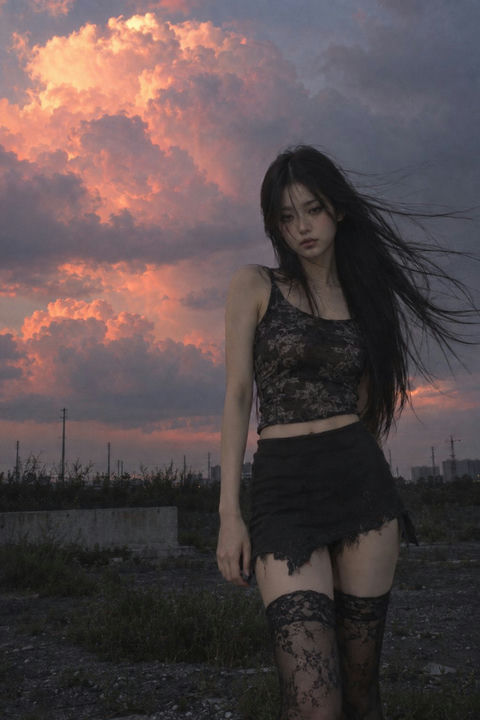 荒地少女与粉橙巨云旧胶片摄影 - AI图片提示词示例