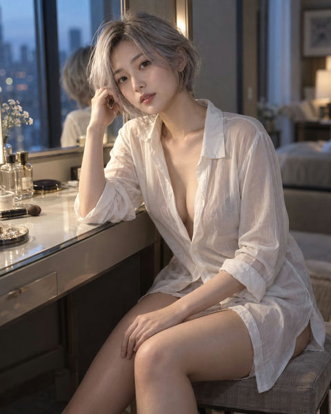 银发东亚女性高端日系时尚写真 - AI图片提示词示例