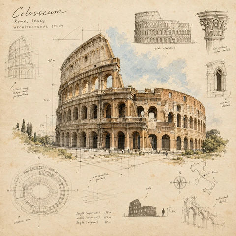 大师级旅行手稿建筑草图插画 - AI图片提示词示例