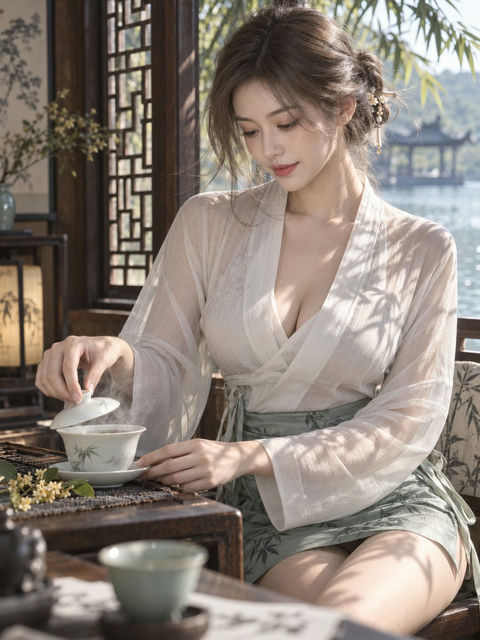 竹影试茶秋日午后中式人像 - AI图片提示词示例