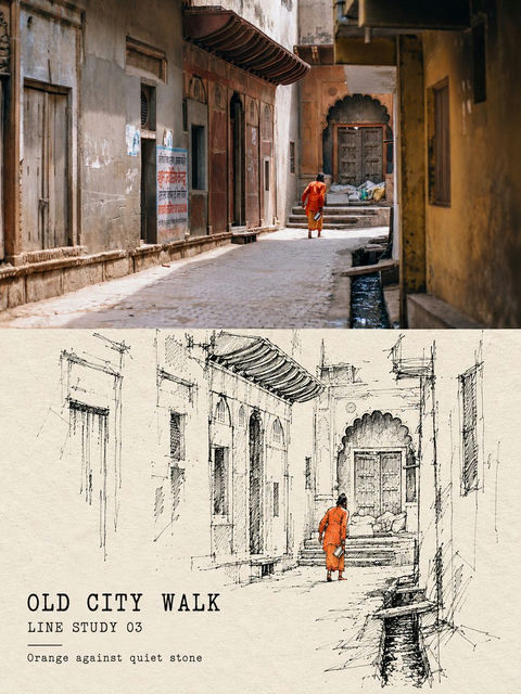 真实摄影与高级线描对比旅行海报 - AI图片提示词示例