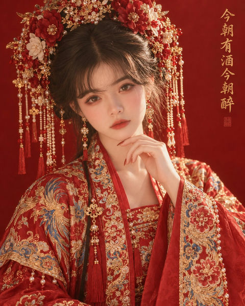 中式婚服红底人像摄影写真 - AI图片提示词示例