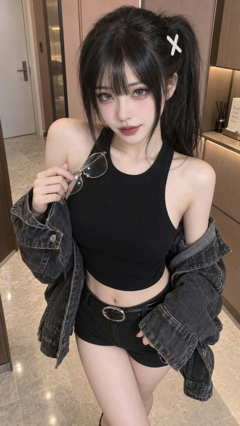 现代室内写实电影感时尚少女肖像 - AI图片提示词示例