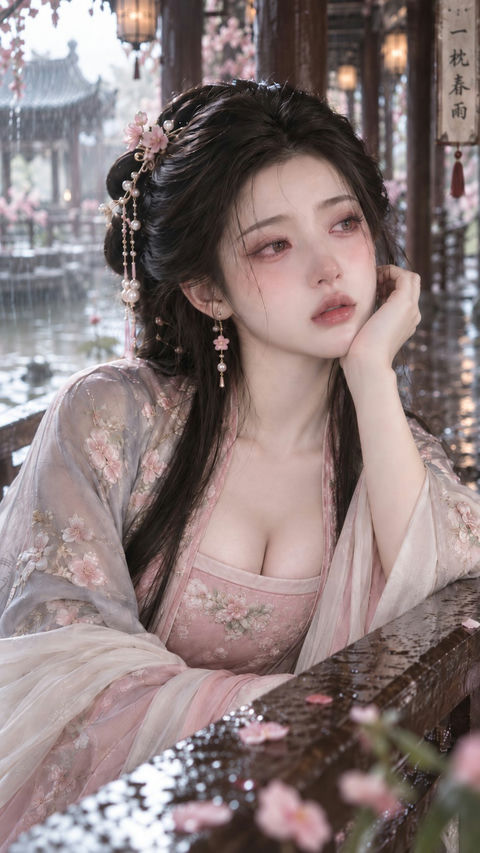 古风回廊闺阁贵女夕棠微醺美妆 - AI图片提示词示例