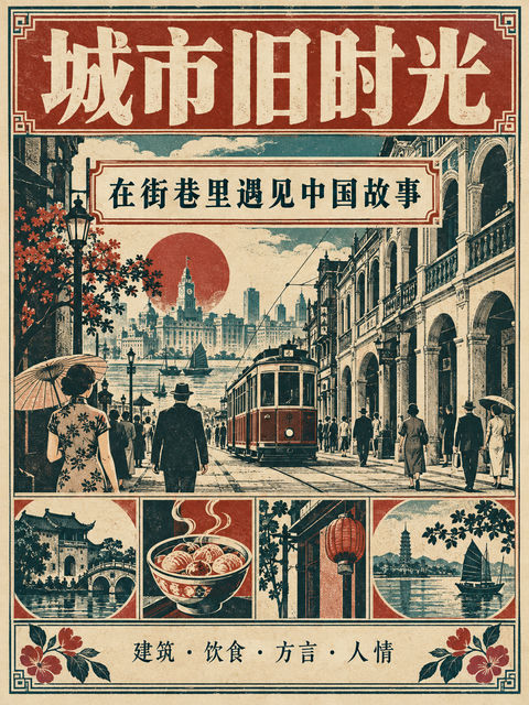 民国复古风：城市旧时光文化艺术海报 - AI图片提示词示例