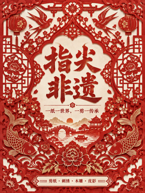 匠心指尖非遗剪纸艺术节庆海报 - AI图片提示词示例