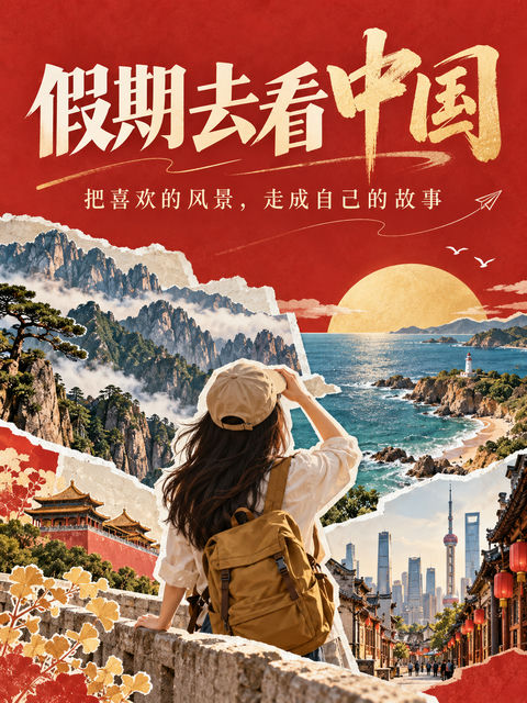 杂志风国庆旅行海报：假期去看中国 - AI图片提示词示例