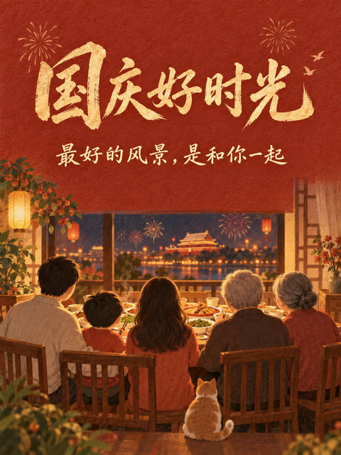 温暖手绘风国庆家宴团圆海报 - AI图片提示词示例