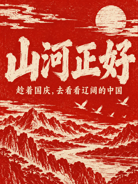 绝美中国红木刻版画国庆山河海报 - AI图片提示词示例