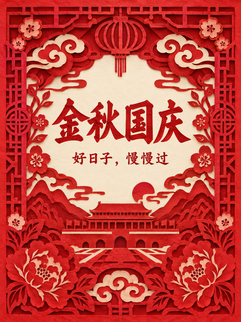 喜庆中国红国庆剪纸艺术海报设计 - AI图片提示词示例