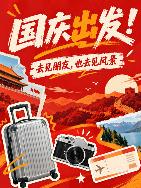 活力红潮流杂志感国庆出游海报 - AI图片提示词示例