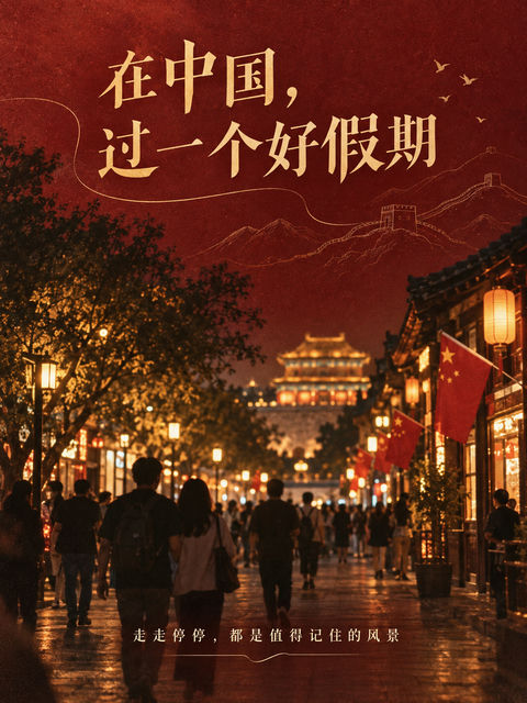 盛世华诞酒红光影城市漫步海报 - AI图片提示词示例
