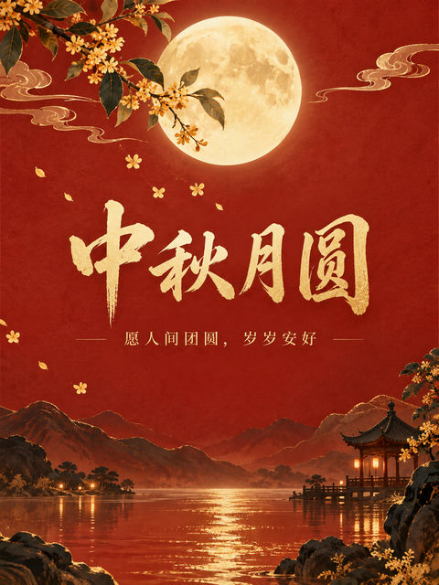 极简新中式朱红金线中秋海报设计 - AI图片提示词示例