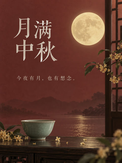 宋韵雅致中秋海报绛红背景青瓷桂花 - AI图片提示词示例