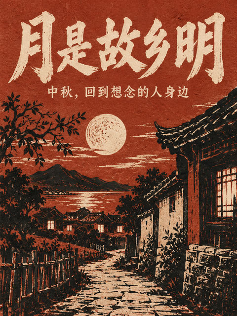 中秋节木刻版画海报月是故乡明 - AI图片提示词示例