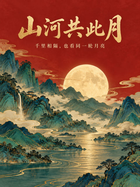 绝美中秋青绿山水海报：山河共此月 - AI图片提示词示例