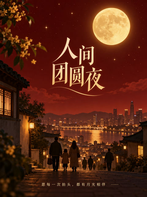 中秋佳节深红月夜团圆海报 - AI图片提示词示例