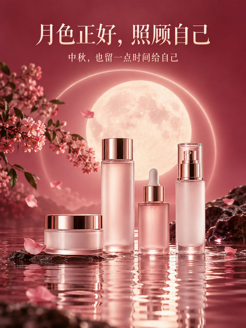 1. 中秋玫瑰红极简护肤品美妆海报设计 - AI图片提示词示例