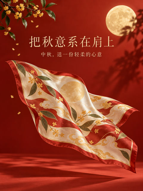 朱砂红新中式中秋丝巾时尚海报 - AI图片提示词示例