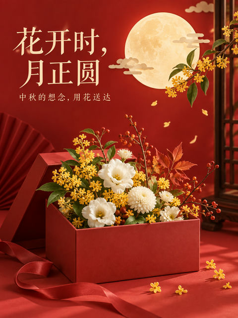 中秋鲜花礼盒现代纸艺国风海报 - AI图片提示词示例