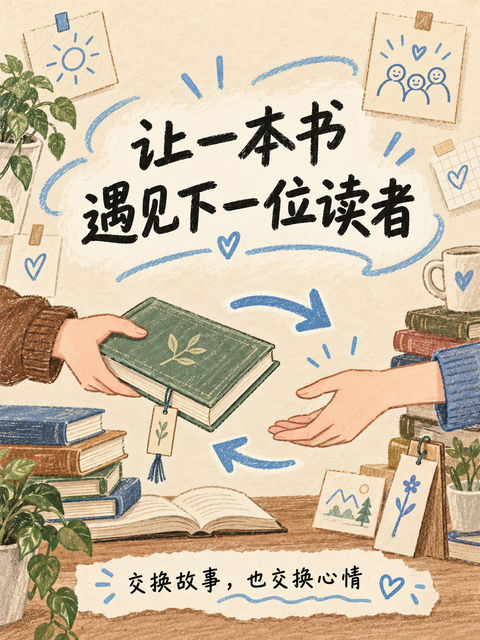 温暖手账风图书交换社区海报 - AI图片提示词示例