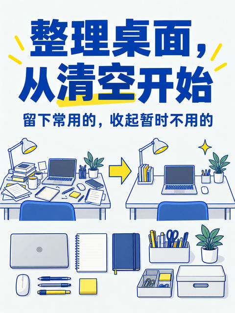 极简白板风桌面整理法海报设计 - AI图片提示词示例
