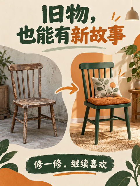 简约复古旧物改造创意对比海报设计 - AI图片提示词示例