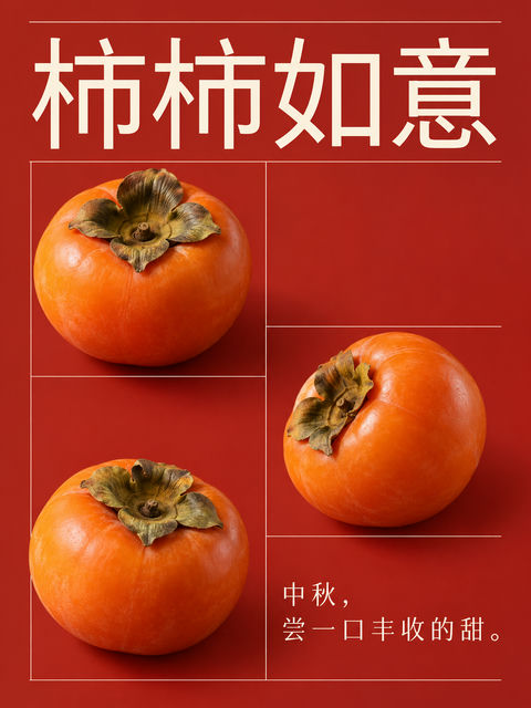 现代瑞士网格风格柿柿如意中秋海报 - AI图片提示词示例