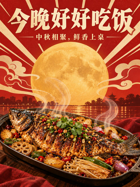 复古未来主义风格中秋烤鱼美食海报 - AI图片提示词示例