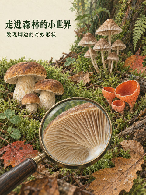 森林微观世界自然观察手绘海报 - AI图片提示词示例