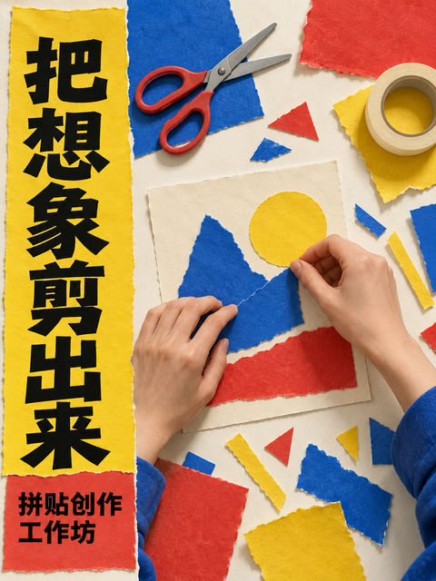 创意纸艺拼贴工作坊宣传海报 - AI图片提示词示例