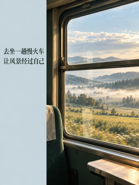 慢火车上的晨光旅途：让风景穿过灵魂 - AI图片提示词示例