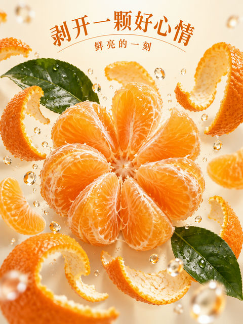 剥开好心情橘味创意海报 - AI图片提示词示例