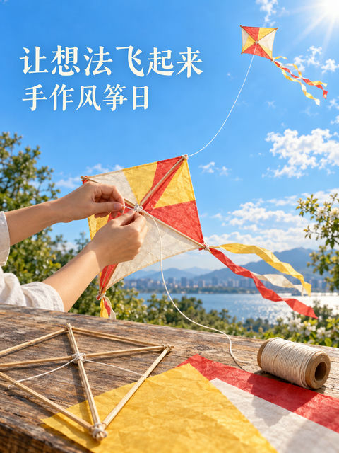 绘梦云端：从指尖到蓝天的风筝海报 - AI图片提示词示例