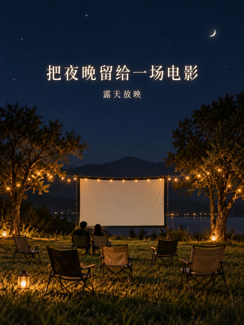星空下的露天电影院治愈系海报 - AI图片提示词示例