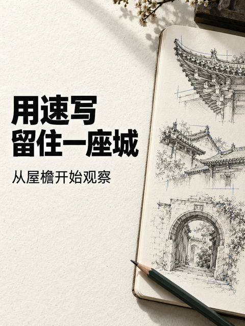 用速写留住古城的韵味：建筑写生封面设计 - AI图片提示词示例