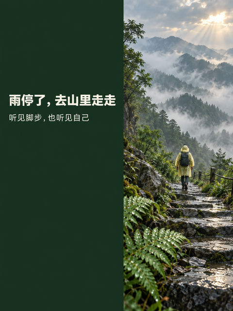 雨后山野徒步清新治愈系图文海报 - AI图片提示词示例