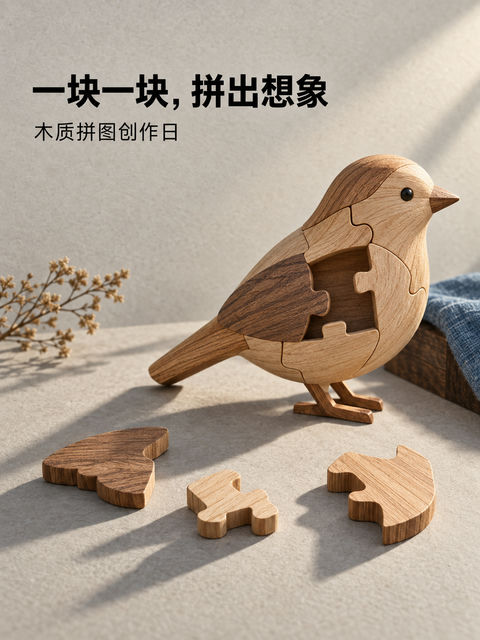 极简原木风格拼图活动创意海报 - AI图片提示词示例