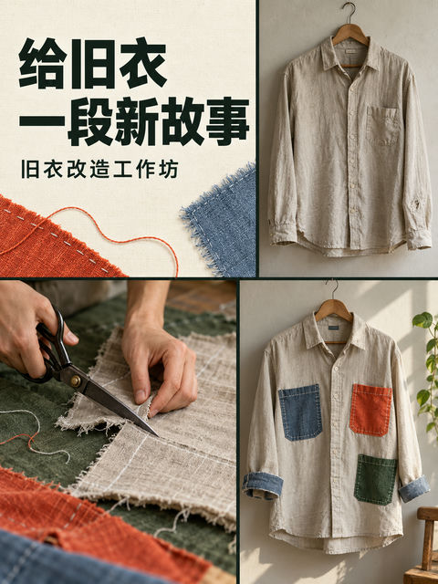 极简旧衣改造工坊创意视觉海报 - AI图片提示词示例