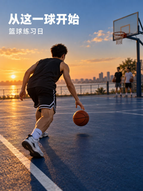 傍晚球场金色余晖下的运球瞬间 - AI图片提示词示例