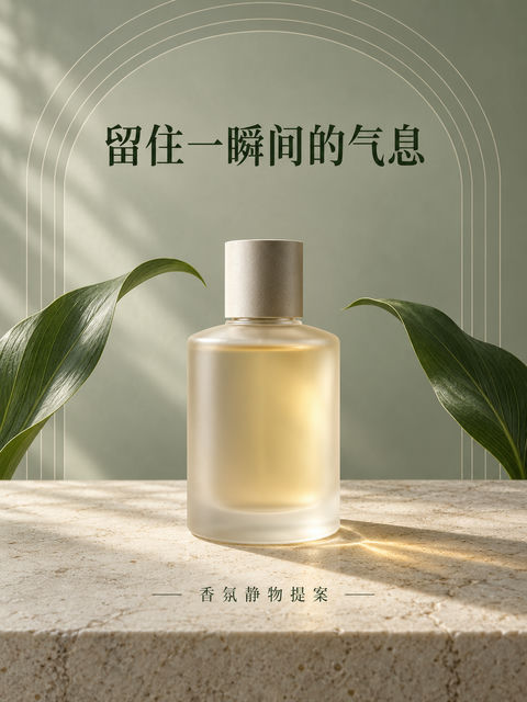 磨砂玻璃香氛静物极简海报 - AI图片提示词示例