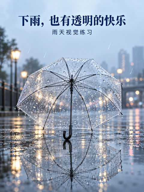 雨后街道透明雨伞创意排版海报 - AI图片提示词示例